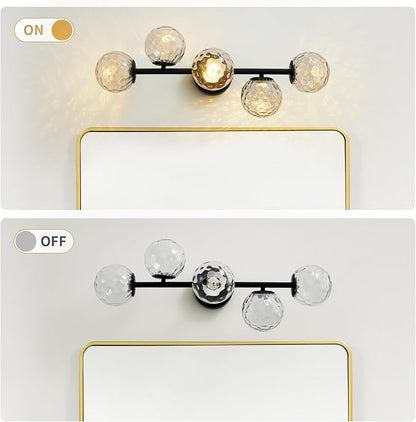 LED Bathroom Vanity Light Fixtures,Modern Black Makeup Bathroom Lighting | 5 Lights Hammered Clear Globe Glass Wall Sconce,Dimmable Mid Century Modern Bubble Glass Bathroom Vanity Lights over Mirror