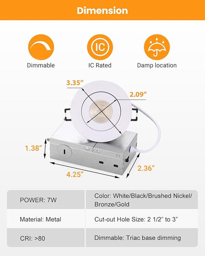 3 inch Recessed LED Lights 7W Gimbal Rotatable Directional Downlight,360°Adjustable Soffit Lighting Dimmable Swivel Eyeball, 90°Tilt Canless Swivel Spotlight 5CCT Selectable 6 Pack White