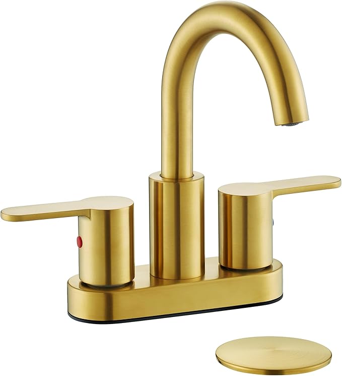 Brushed Gold 2 Handle Centerset Bathroom Sink Faucet with Drain Assembly, High Arc Modern 4 Inch Bathroom Vanity Lavatory Faucet 3 Holes with Brass 360° Swivel Spout, TAF067E-PB