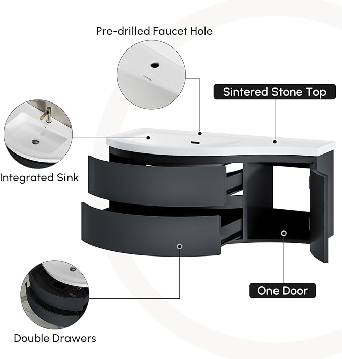 Floating Bathroom Vanity with Sink, 35.4" Modern Curved Bathroom Vanity, Wall Mounted Half-Circle Bathroom Cabinet, White & Black, Left-Hand Sink