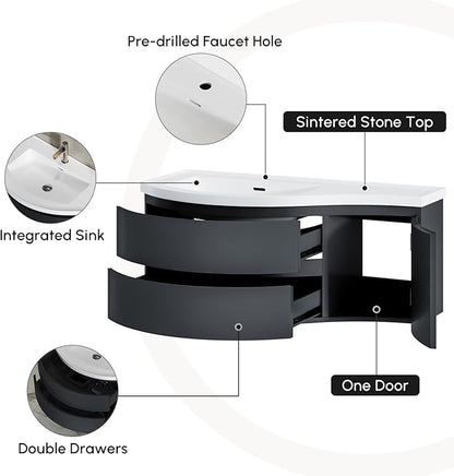 Floating Bathroom Vanity with Sink, 35.4" Modern Curved Bathroom Vanity, Wall Mounted Half-Circle Bathroom Cabinet, White & Black, Left-Hand Sink