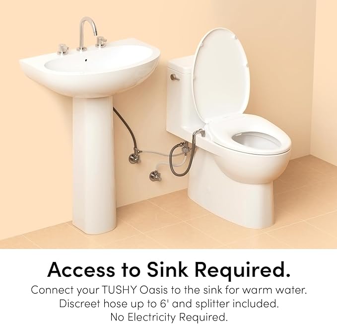 TUSHY Oasis Non-Electric Warm Water Bidet Seat (Round) | Self-Cleaning Dual Nozzles, Adjustable Temp & Pressure | 10-Min DIY Install, Soft-Close Lid, Sleek Design, Spa-Like Comfort, Bamboo Knob