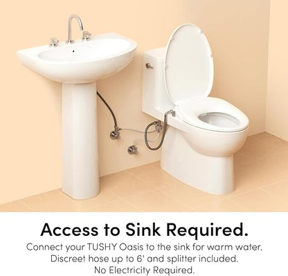 TUSHY Oasis Non-Electric Warm Water Bidet Seat (Elongated) | Self-Cleaning Dual Nozzles, Adjustable Temp & Pressure | 10-Min DIY Install, Soft-Close Lid, Sleek Design, Spa-Like Comfort, Bamboo Knob