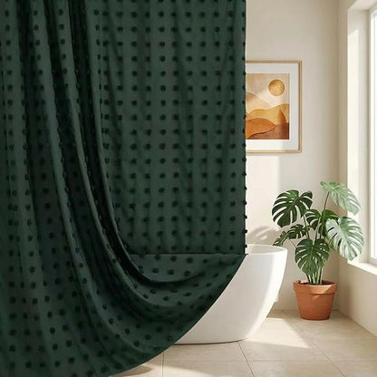 Boho Farmhouse Dark Green Shower Curtain Woven Fabric Shower Curtain, 72 x 72 Tufted Pleat Floral Puffs Textured Modern Farmhouse Minimalist Hunter Green Shower Curtain Set with Hooks for Bathroom