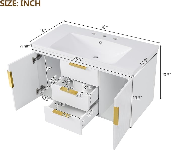 36'' Wall Mounted Bathroom Vanity, Floating Bathroom Storage Cabinet with 2 Drawers, Solid Wood Cabinet,White