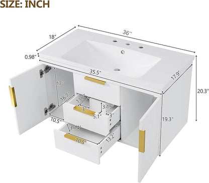 36'' Wall Mounted Bathroom Vanity, Floating Bathroom Storage Cabinet with 2 Drawers, Solid Wood Cabinet,White