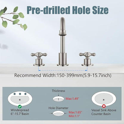 3 Hole Bathroom Sink Faucet Widespread Metal Label Brushed Nickel | High-Arc Swivel Spout,Pop Up Drain,Cross Handle,cUPC Hose,for 6-16″Centerset Basin,Farmhouse,RV,Vanity,Lavatory 8" Mixer Tap