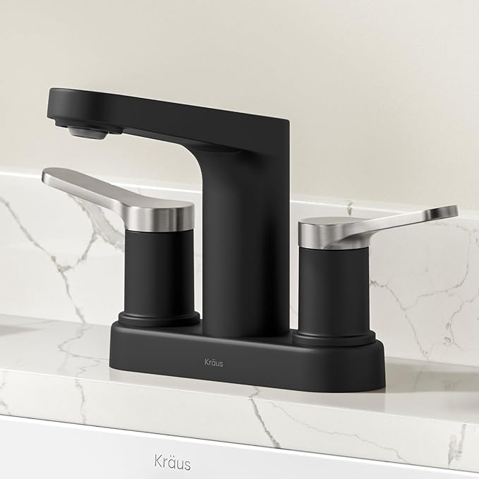 KRAUS Indy Centerset Bathroom Faucet in Spot-Free Brushed Nickel/Matte Black with 2 Handles, Pop Up Drain and Supply Lines, FUS-14102SFBNMB