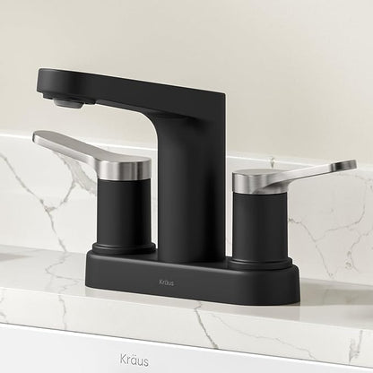 KRAUS Indy Centerset Bathroom Faucet in Spot-Free Brushed Nickel/Matte Black with 2 Handles, Pop Up Drain and Supply Lines, FUS-14102SFBNMB