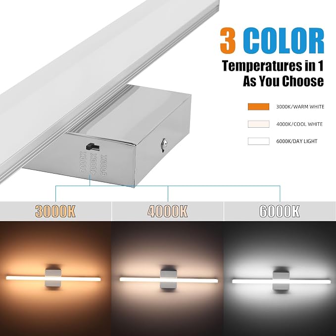 16 Inch LED Bathroom Vanity Light, 3 CCT Adjustable Hardwired Bathroom Light Fixtures Over Mirror, Chrome Modern LED Mirror Wall Sconce for Bathroom Vanity