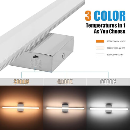 16 Inch LED Bathroom Vanity Light, 3 CCT Adjustable Hardwired Bathroom Light Fixtures Over Mirror, Chrome Modern LED Mirror Wall Sconce for Bathroom Vanity