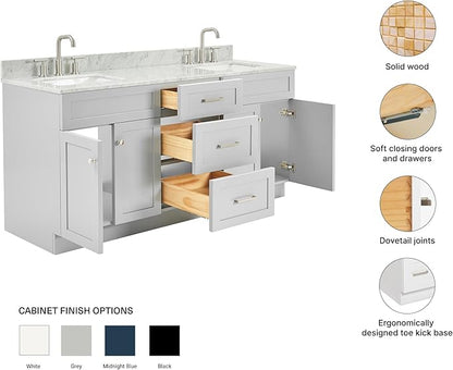 ARIEL Hamlet 72-inch Bathroom Vanity with Sink,Solid Wood, 0.75-inch Italian Carrara Marble Countertop & Backsplash, Double Oval Sink, 4 Soft Closing Doors, 3 Dovetail Drawers, Grey