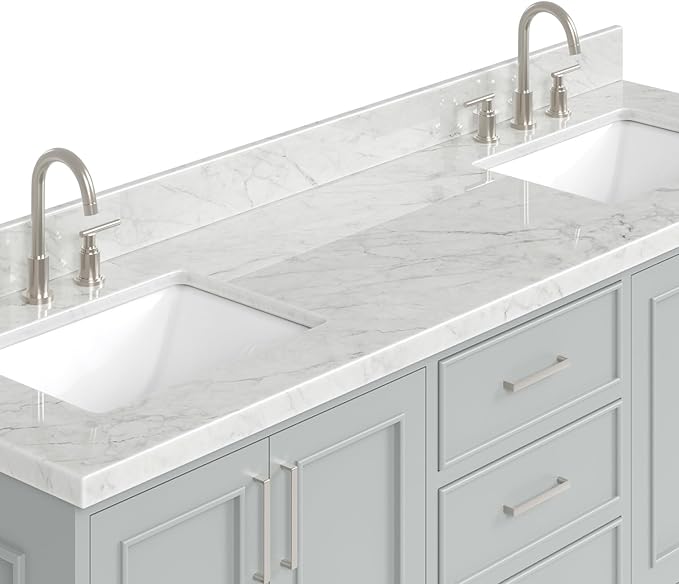 ARIEL Stafford 72-inch Bathroom Vanity with Sink,Solid Wood, 1.5-inch Italian Carrara Marble Countertop, Double Rectangular Porcelain Sink, 4 Soft Closing Doors, 6 Dovetail Drawers, Grey