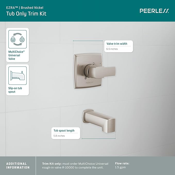 Peerless Ezra Single-Function Brushed Nickel Tub and Shower Valve Trim Kit, Shower Handle, Brushed Nickel PTT14171-BN (Shower Head and Valve Not Included)