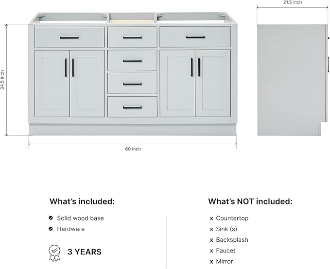 ARIEL Hepburn 60-inch Bathroom Vanity Base Cabinet,Solid Wood, 4 Soft Closing Doors, 6 Dovetail Drawers, Grey