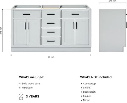 ARIEL Hepburn 60-inch Bathroom Vanity Base Cabinet,Solid Wood, 4 Soft Closing Doors, 6 Dovetail Drawers, Grey