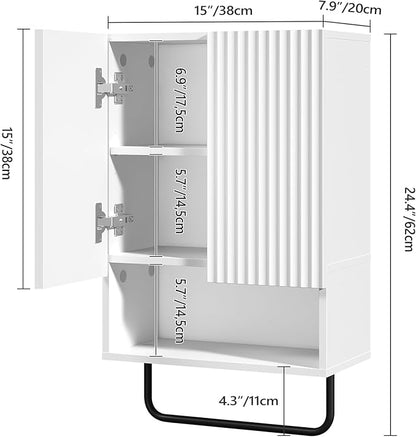 Bathroom Wall Cabinet, Wall Mounted Medicine Cabinets with Towel Bar & Adjustable Shelf, Over The Toilet Space Saver Storage Cabinet with 2 Doors, for Bathroom Laundry Room Kitchen, White