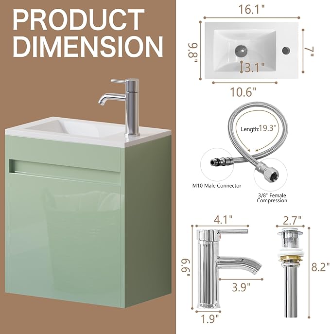 wonline 16" Small Floating Green Bathroom Vanity Sink Combo, Wall Mounted Narrow Single Cabinet with Resin Basin Sink Top, Water Saving Chrome Faucet & Pop-Up Drain-Glossy Green