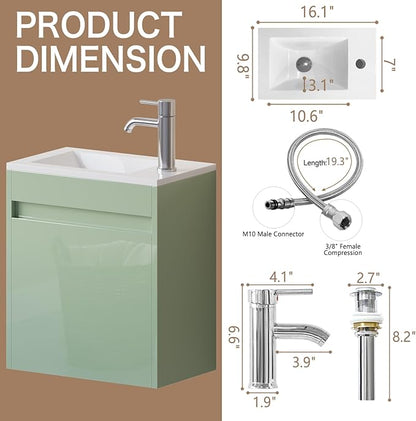 wonline 16" Small Floating Green Bathroom Vanity Sink Combo, Wall Mounted Narrow Single Cabinet with Resin Basin Sink Top, Water Saving Chrome Faucet & Pop-Up Drain-Glossy Green