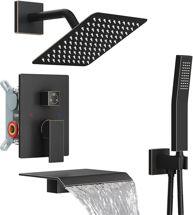 Midanya Shower System with Tub Spout,8 Inch Shower Head,Oil Rubbed Bronze | with Valve & Trim Kit,Square Rain Head,Handheld Sprayer,Waterfall Spout,All Metal Wall Mount Bathroom Shower Tub Faucet Set