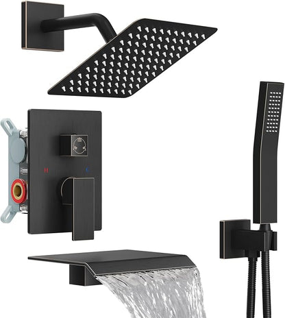 Midanya Shower System with Tub Spout,8 Inch Shower Head,Oil Rubbed Bronze | with Valve & Trim Kit,Square Rain Head,Handheld Sprayer,Waterfall Spout,All Metal Wall Mount Bathroom Shower Tub Faucet Set