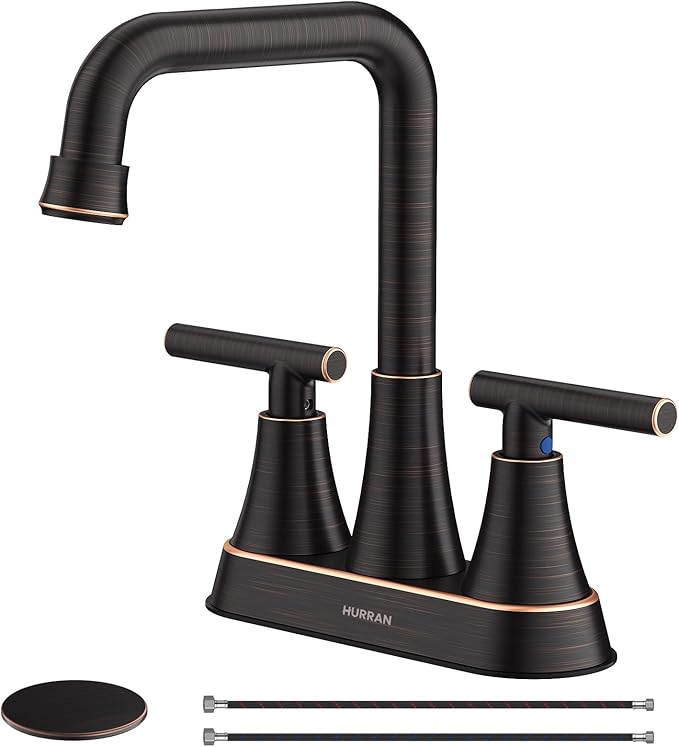 Bathroom Sink Faucet, Hurran Oil Rubbed Bronze Bathroom Faucets for Sink 3 Hole with Pop-up Drain and Supply Hoses, 360 Swivel Spout 2-Handle Centerset Faucet for Vanity RV Farmhouse