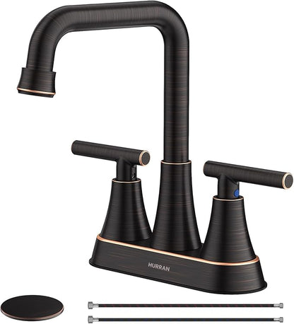 Bathroom Sink Faucet, Hurran Oil Rubbed Bronze Bathroom Faucets for Sink 3 Hole with Pop-up Drain and Supply Hoses, 360 Swivel Spout 2-Handle Centerset Faucet for Vanity RV Farmhouse