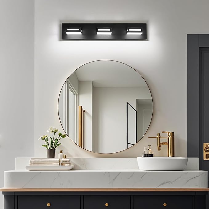 LED Modern Bathroom Light Fixtures, 3-Light 24-Inch Matte Black Vanity Lights for Bathroom Lighting Fixtures Over Mirror, 350° Rotatable Acrylic, 6000K Cool White Wall Lamp