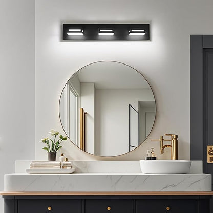 LED Modern Bathroom Light Fixtures, 3-Light 24-Inch Matte Black Vanity Lights for Bathroom Lighting Fixtures Over Mirror, 350° Rotatable Acrylic, 6000K Cool White Wall Lamp