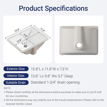 16 Inch Small Rectangle Undermount Bathroom Sink Vessel Sink Lavatory Ceramic White Vanity Top Sink with Overflow (15.7"X11.8")
