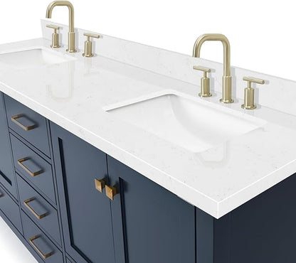 DKB Beckford 72 Inch Bathroom Vanity Double Sink — Midnight Blue Bathroom Vanity with Sink, 1.5" Edge Carrara White Quartz Countertop & Backsplash, 4 Soft-Close Doors, 6 Dovetail Drawers