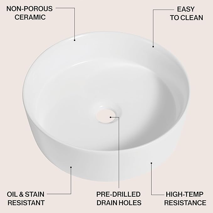 JONATHAN Y Contemporary Round Ceramic Vessel Sink, 14.25" White Bathroom Sink Above Counter, Modern Straight-Sided Porcelain Vanity Sink Bowl, Art Deco Vanity Top Basin for Lavatory and Powder Room