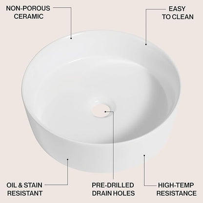 JONATHAN Y Contemporary Round Ceramic Vessel Sink, 14.25" White Bathroom Sink Above Counter, Modern Straight-Sided Porcelain Vanity Sink Bowl, Art Deco Vanity Top Basin for Lavatory and Powder Room