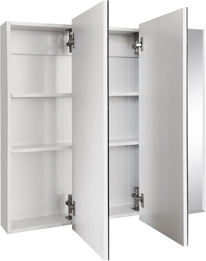 Design House Cyprus 30-in. Wide Medicine Cabinet, 3 Frameless Mirrored Doors, 2 Adjustable Shelves, Pre-Assembled, Surface or Recess Mounted, White, 30.0 in. W x 4.4 in. D x 30.0 in. H, 59749 | Adjustable Shelves, Wall Mount, Contemporary/Modern, Wood,...
