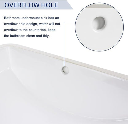 Enbol Bathroom Undermount Sink White Rectangular Ceramic Sink for Bathroom with Overflow - ECU1812 Exterior: 20 5/8" x 14 6/8" x 8 1/8"