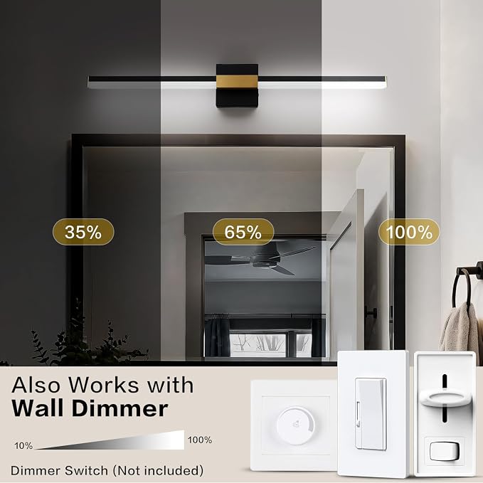 SOLFART Bathroom Lighting Fixtures Over Mirror: 32-Inch Black and Gold Dimmable Built-in Step Dimming Vanity Light ETL IP44
