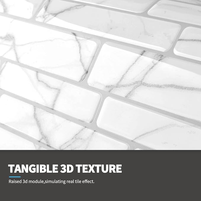 Art3d Stone Peel and Stick Backsplash, 10-Sheet, 12" x 12", White Marble | Lightweight, Self Adhesive, Moisture Resistant, Easy to DIY, Modern Style, for Kitchen, Bedroom, Ideal for New Home Buyers