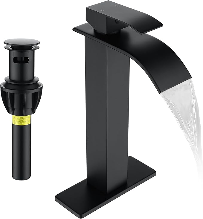Fransiton Tall Vessel Sink Faucet Matte Black Faucet for Bathroom Sink Tall Waterfall Bathroom Faucet Single Handle 1 or 3 Hole Wash with Pop-up Drain