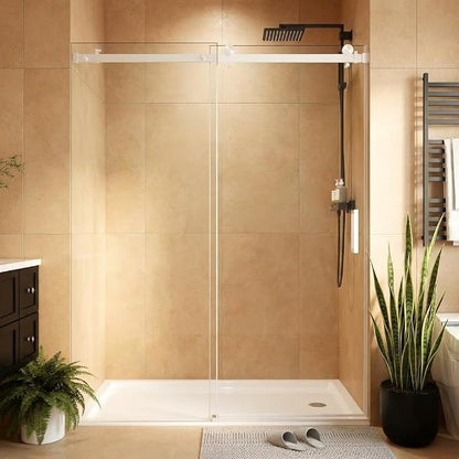 Frameless Sliding Shower Door 44-48" W x 76" H, 6mm Clear Tempered Glass with Stainless Steel Rail, Easy-Clean Adjustable Door for Walk-in Shower, Brushed Stainless Finishes