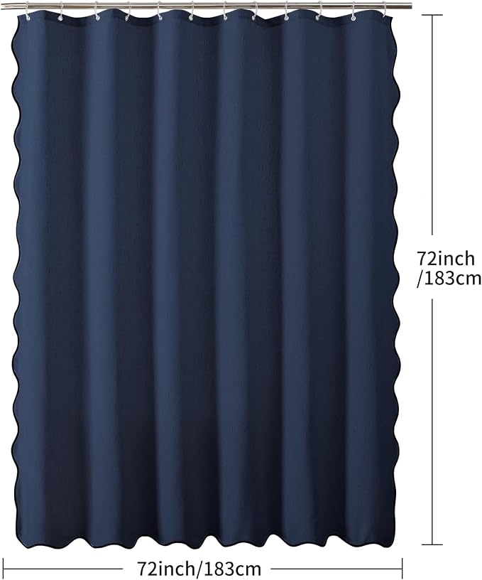 Linen Scallop Shower Curtain with 12 Hooks, Waterproof, 72x72, Navy Blue | Waterproof Heavy Duty Thick Fabric with Black Border, Minimalist Neutral Boho Farmhouse Bathroom Décor