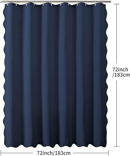 Linen Scallop Shower Curtain with 12 Hooks, Waterproof, 72x72, Navy Blue | Waterproof Heavy Duty Thick Fabric with Black Border, Minimalist Neutral Boho Farmhouse Bathroom Décor