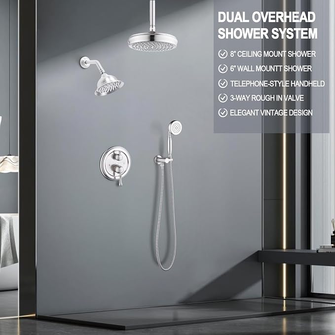 Enga Antique Dual Shower Head Faucet Set - 8" Ceiling Mount Rain Shower & 6" Wall-Mounted Vintage Rainfall + Handheld Spray Combo, Brushed Nickel