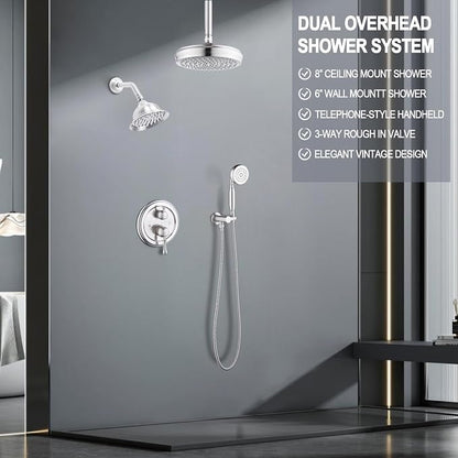 Enga Antique Dual Shower Head Faucet Set - 8" Ceiling Mount Rain Shower & 6" Wall-Mounted Vintage Rainfall + Handheld Spray Combo, Brushed Nickel