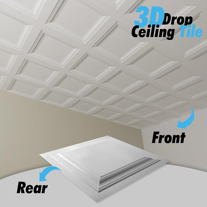 Art3d 12-Pack Square Drop Ceiling Tile 2ft x 2ft in White, PVC Ceiling Panel 24 x 24in. - Compatible with 15/16" Drop Ceiling Grid System | Lightweight, Easy to Clean, Compatible with 15/16" Grid System, Suitable for Kitchen, Bathroom