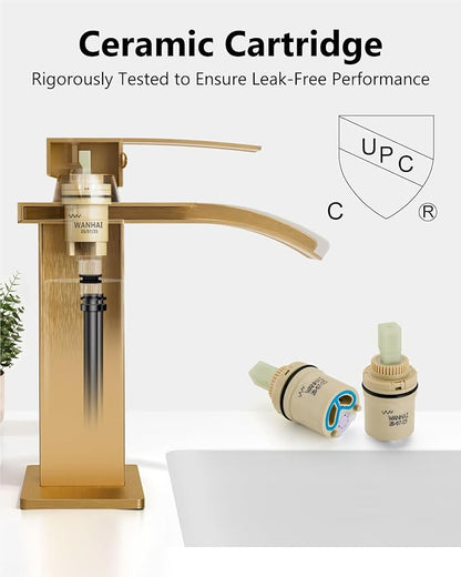 Waterfall Bathroom Faucet 1 Hole, Single Hole Bathroom Faucet, Single Handle Vanity Sink Faucet with Deck Plate, Pop-up Drain & Supply Lines, Gold