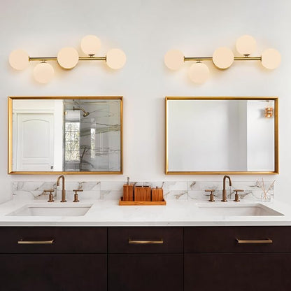 5 Light Bathroom Vanity Light,Gold Bath Room Light Fixtures Over Mirror,Modern Vanity Lights for Bath Room,Makeup Lights for Vanities,Brass Gold Bathroom Sconces with Milk Globe Glass,G9 Base