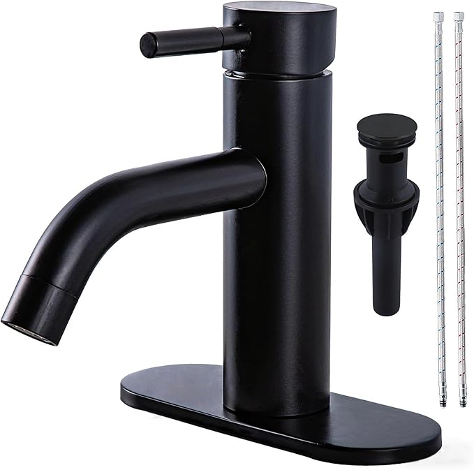 HOTIS Matte Black Bathroom Faucet, Single Hole Bathroom Sink Faucet with Pop-up Drain, Suitable for 1 or 3 Hole Installation, Single Handle for Bathroom Sink, RV and Vanity, HT-HJ-052B-D