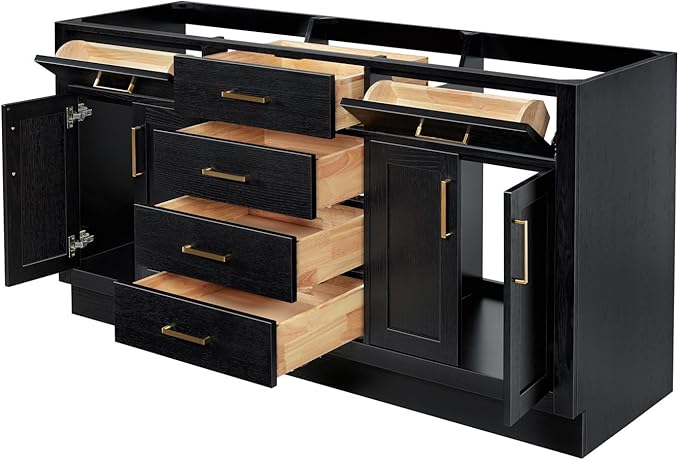 ARIEL Hepburn 66-inch Bathroom Vanity Base Cabinet,Solid Wood, 4 Soft Closing Doors, 6 Dovetail Drawers, Black Oak
