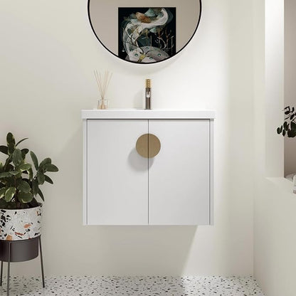 SSLine Modern 24-Inch Bathroom Vanity with Sink Wall Mounted Bathroom Vanity with Top Basin & Storage Cabinet White Wood Floating Vanity w/Ceramic Sink & Gold/Black Handles for Small Space