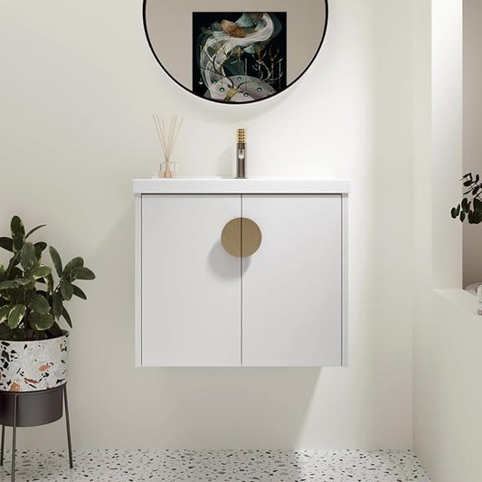 SSLine Modern 24-Inch Bathroom Vanity with Sink Wall Mounted Bathroom Vanity with Top Basin & Storage Cabinet White Wood Floating Vanity w/Ceramic Sink & Gold/Black Handles for Small Space